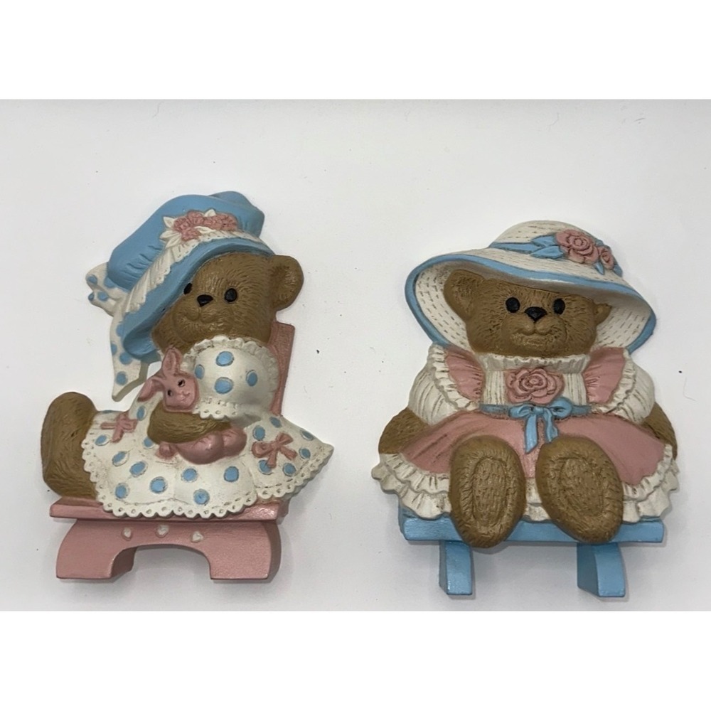 Vintage Burwood Teddy Bear Wall Plaques 1995 Nursery Decor Set of 2 Pink Blue